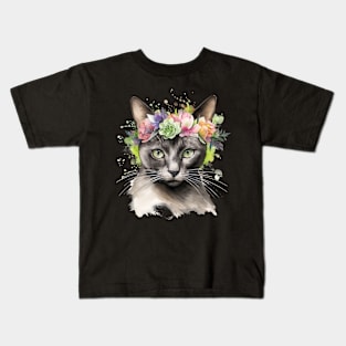 Siamese Cat Floral Cat Mom Mother's Day Gift Idea Kids T-Shirt